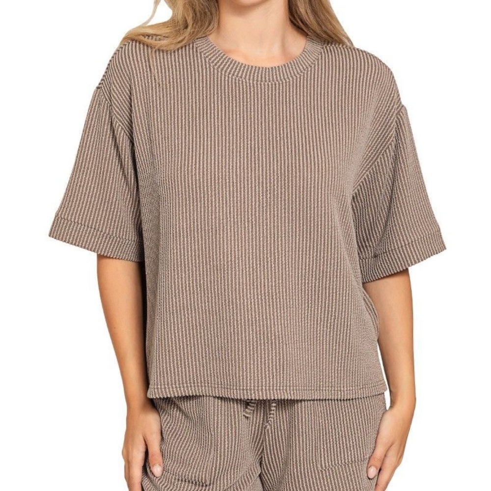Zenana Ribbed Short Sleeve Knit Top and shorts set in Taupe